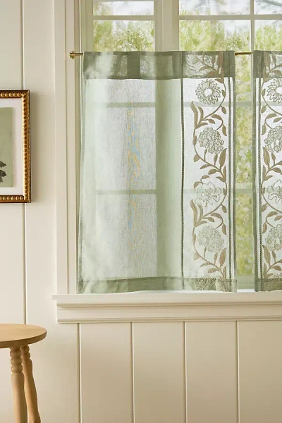 Anthropologie Embroidered Manette Cotton Linen Sheer Café Curtains, Set Of 2 In Green