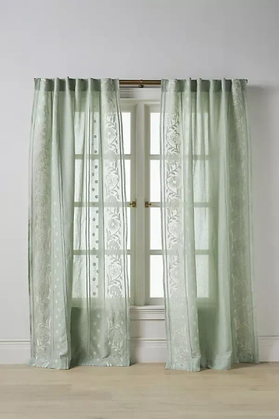 Anthropologie Embroidered Manette Curtain In Green