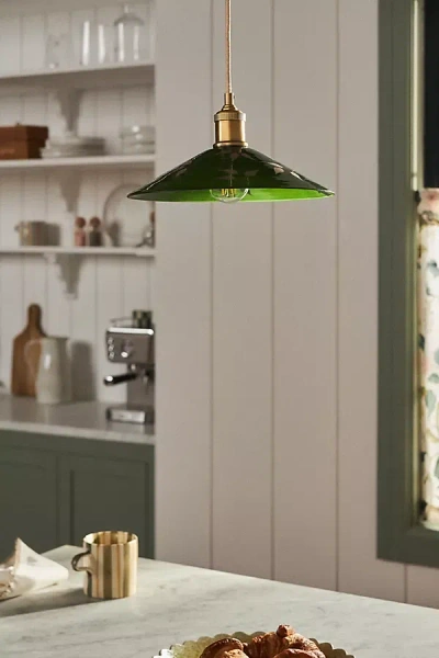 Anthropologie Etched Leaf Glass Pendant In Green