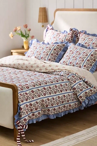 Anthropologie Evita Cotton Floral Printed Tie Duvet Cover In Blue