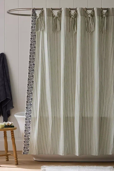 Anthropologie Evita Cotton Tie Stripe Shower Curtain In Green