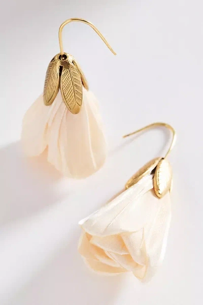 Anthropologie Fabric Flower Drop Earrings In Gold