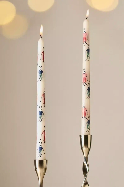 Anthropologie Festive Handpainted Taper Candles, Set Of 2 In White