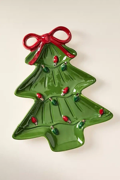 Anthropologie Festive Tree Stoneware Platter In Green