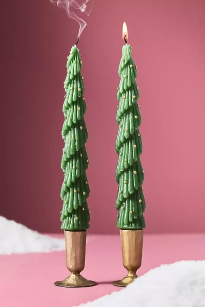 Anthropologie Festive Tree Taper Candles, Set Of 2 In Green