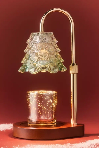 Anthropologie Figural Christmas Tree Glass Shade Candle Warmer Lamp In Gold