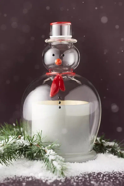 Anthropologie Figural Snowman Woody Fresh Balsam & Cedarwood Glass Cloche Candle In Transparent