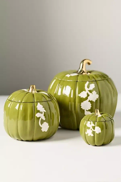 Anthropologie Floral Ceramic Pumpkin Vessel In Green
