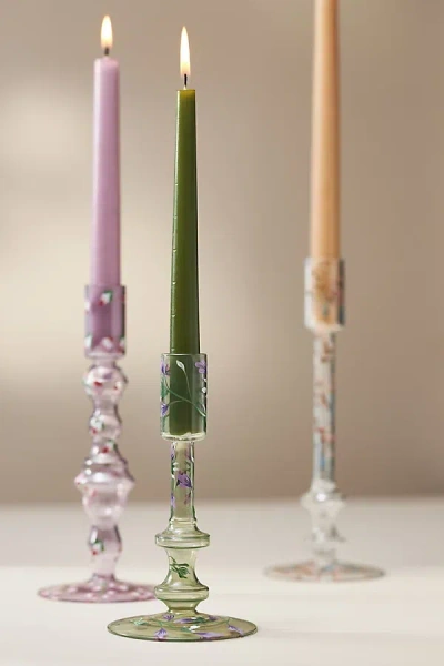 Anthropologie Floral Green Glass Taper Candle Holder In Blue