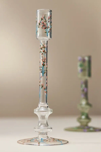 Anthropologie Floral Clear Glass Taper Candle Holder