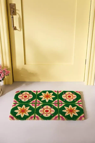 Anthropologie Floral Tile Printed Coir Doormat In Green