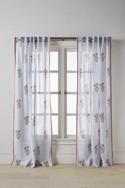Anthropologie Freesia Embroidered Block-print Gauze Curtain In Blue