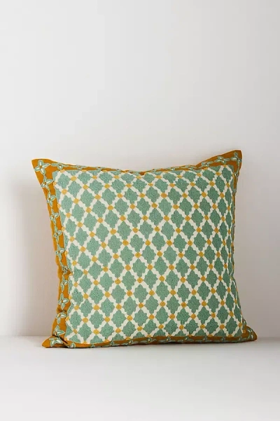 Anthropologie Freya Linen Embroidered Geometric Pillow In Green