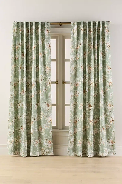 Anthropologie Frida Cotton Printed Floral Curtain In Green