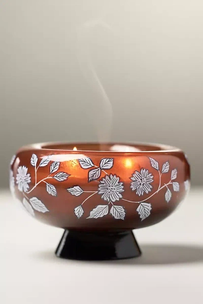 Anthropologie Fruity Honeycrisp & Oakwood Handpainted Pedestal Glass Candle In Brown