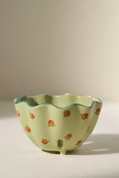 Anthropologie Georgie Handpainted Decaled Stoneware Berry Basket In Green