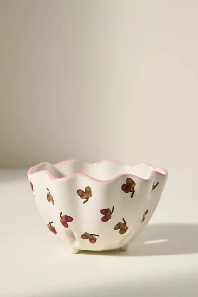 Anthropologie Georgie Handpainted Decaled Stoneware Berry Basket In White