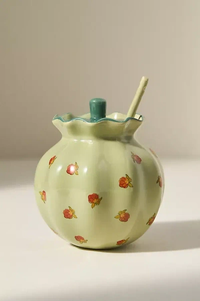 Anthropologie Georgie Handpainted Decaled Stoneware Honey Pot In Green