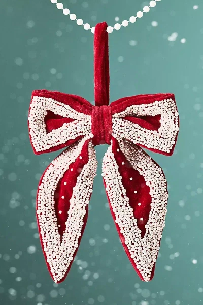 Anthropologie Gigi Beaded Velvet Bow Ornament In Red