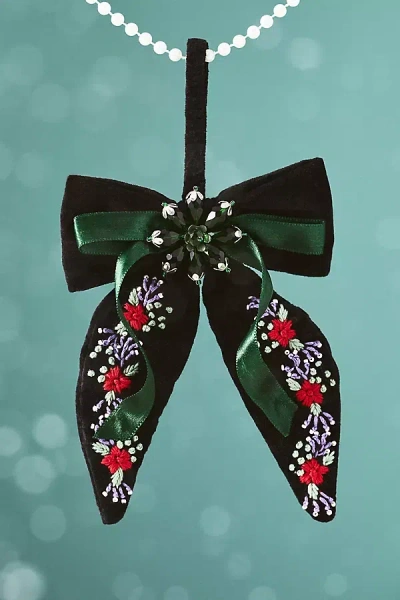Anthropologie Gigi Embroidered Velvet Bow Ornament In Green