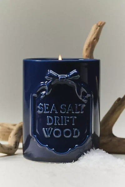 Anthropologie Gingham Bow Fresh Sea Salt & Driftwood Ceramic Boxed Candle In Blue