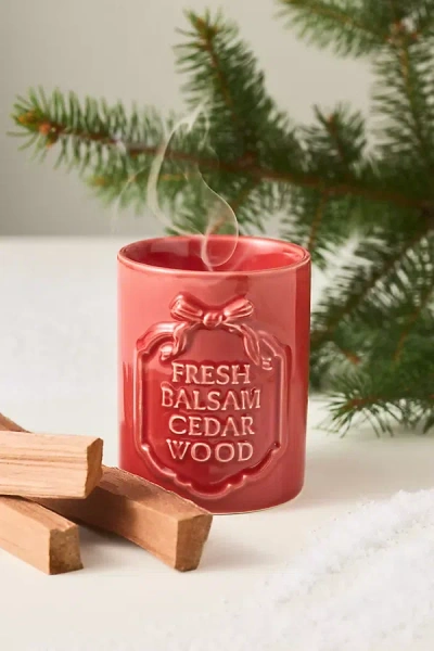 Anthropologie Gingham Bow Woody Fresh Balsam & Cedarwood Ceramic Boxed Candle In Red