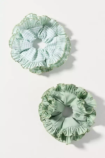 Anthropologie Gingham Hair Scrunchies, Set Of 2 In Green