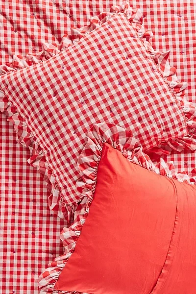 Anthropologie Gingham Ruffle Yarn-dyed Cotton Euro Sham In Red