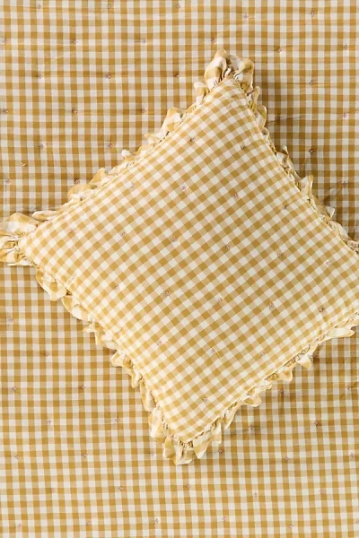 Anthropologie Gingham Ruffle Yarn-dyed Cotton Euro Sham In Neutral