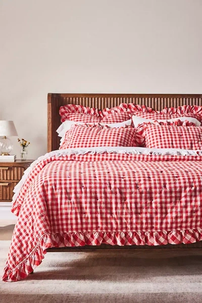 Anthropologie Gingham Ruffle Yarn-dyed Cotton Quilted Bedspread In Red