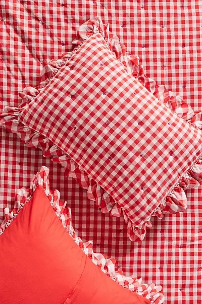 Anthropologie Gingham Ruffle Yarn-dyed Cotton Shams, Set Of 2 In Red