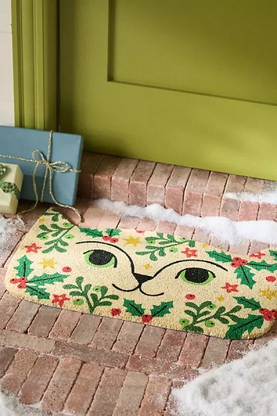 Anthropologie Ginnie Cat Holiday Printed Coir Doormat In Multi