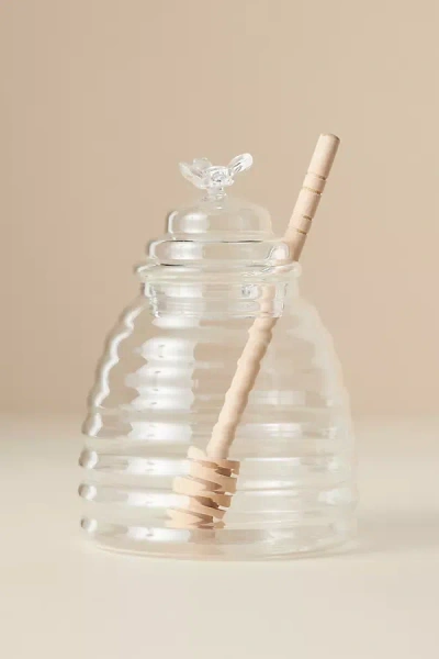 Anthropologie Glass Honey Jar With Dipper In White