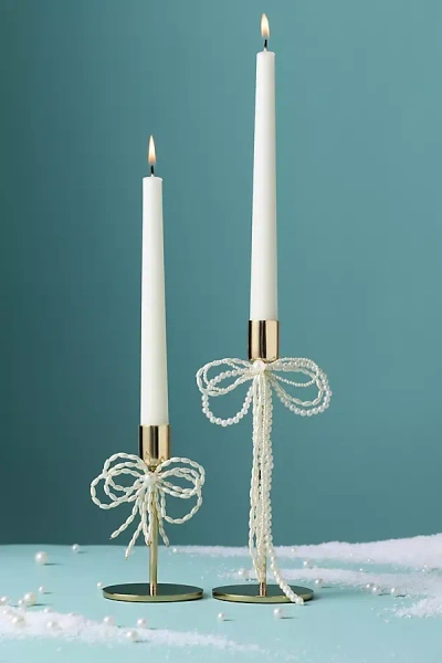 Anthropologie Gold & Pearl Bow Candle Holder In White