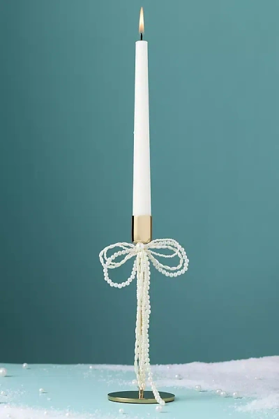 Anthropologie Gold & Pearl Bow Candle Holder In White