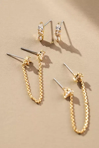 Anthropologie Delicate Crystal Earrings, Set Of 2 In Gold