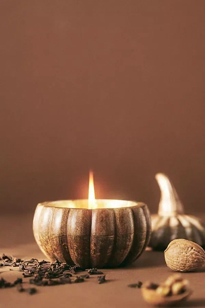 Anthropologie Small Pumpkin Spice & Black Walnut Wooden Pumpkin Candle In Brown