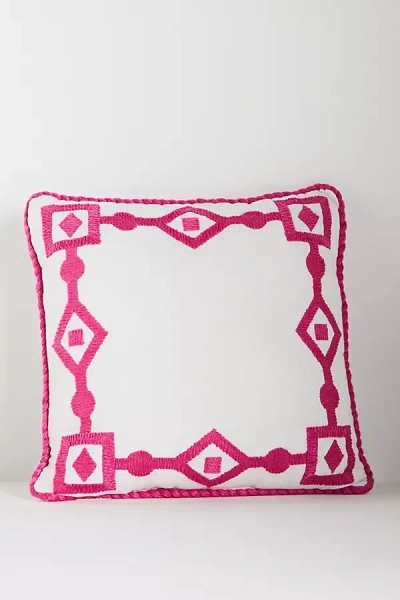Anthropologie Greek Key Embroidered Indoor/outdoor Pillow In Pink