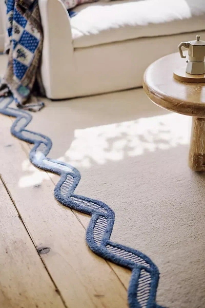 Anthropologie Hand Tufted 100% Wool Scalloped Border Rug In Blue