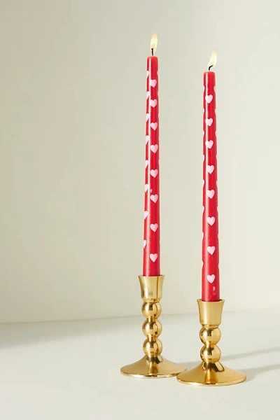 Anthropologie Handpainted Heart Taper Candles, Set Of 2 In Red