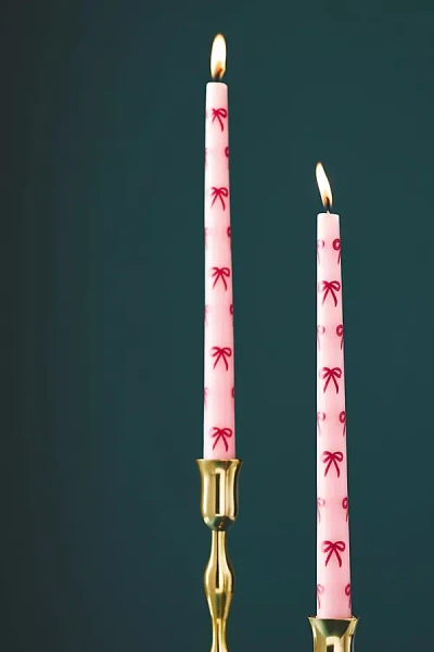 Anthropologie Handpainted Bow Taper Candles, Set Of 2 In Pink