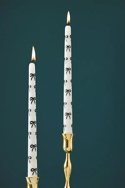 Anthropologie Handpainted Bow Taper Candles, Set Of 2 In White