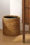 Anthropologie Handwoven Rattan Round Waste Basket With Metal Liner In Brown