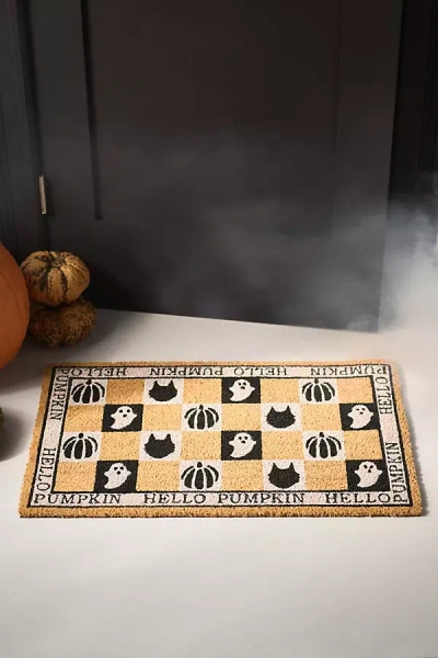 Anthropologie Hello Pumpkin Halloween Checkered Printed Coir Doormat