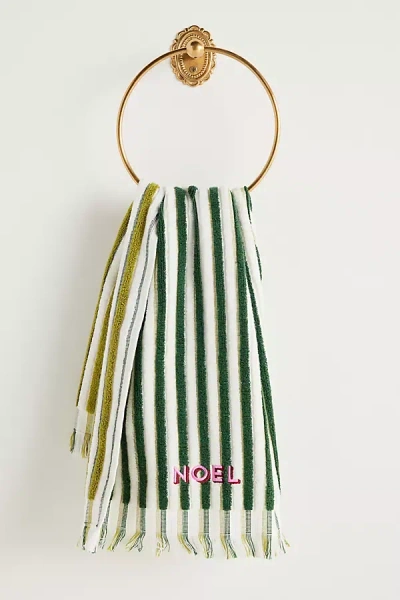 Anthropologie Holiday Striped Embroidered Hand Towel In Green