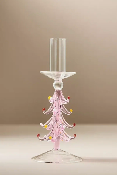 Anthropologie Holiday Tree Borosilicate Glass Candle Holder In Pink