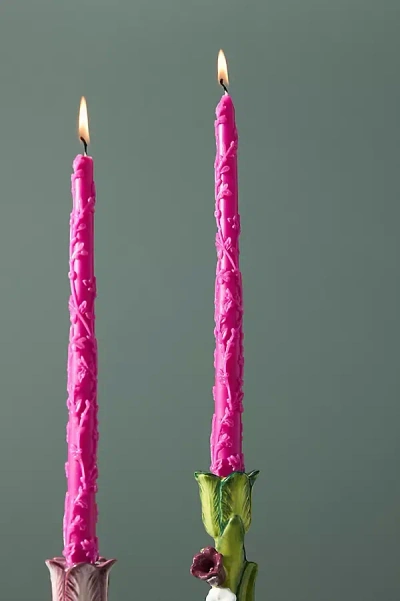 Anthropologie Ianthe Carved Floral Taper Candles, Set Of 2 In Pink