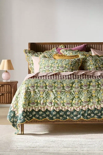 Anthropologie Iluka Cotton Printed Floral Quilt In Green