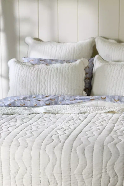 Anthropologie Iluka Cotton Solid Floral Edge Quilted Bedspread In White