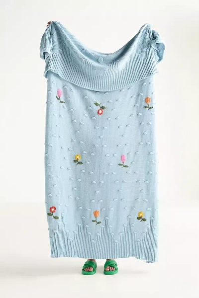 Anthropologie Isabella Cotton Crochet Knit Throw Blanket In Blue